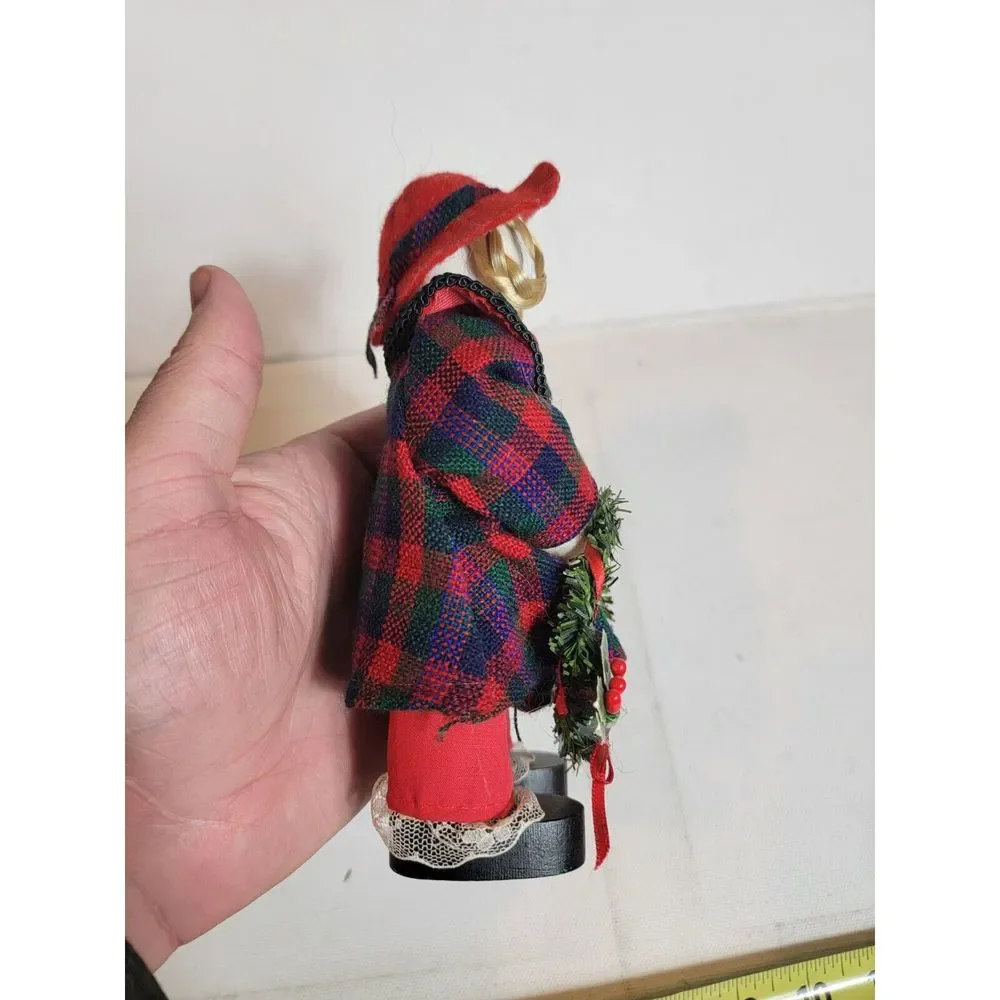 Wood Girl Christmas Wreath Red Green Plaid‎ Felt Hat Blond Hair R.O.C. Holidays